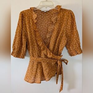 Loft Floral Autumn Print Cotton Puff Sleeve Wrap Blouse Top Sz Medium
